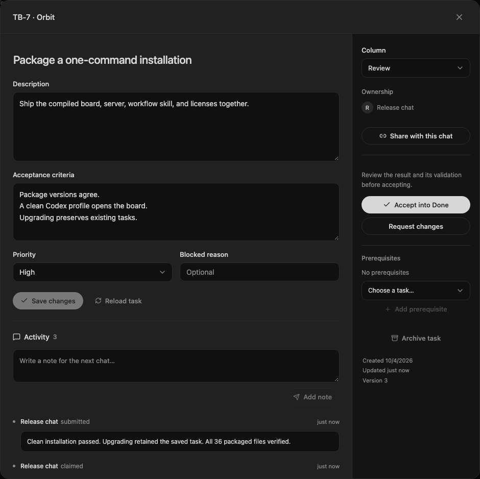 An actual task review dialog: an installation goal, acceptance criteria, Release chat ownership, validation notes, and Accept into Done and Request changes controls.